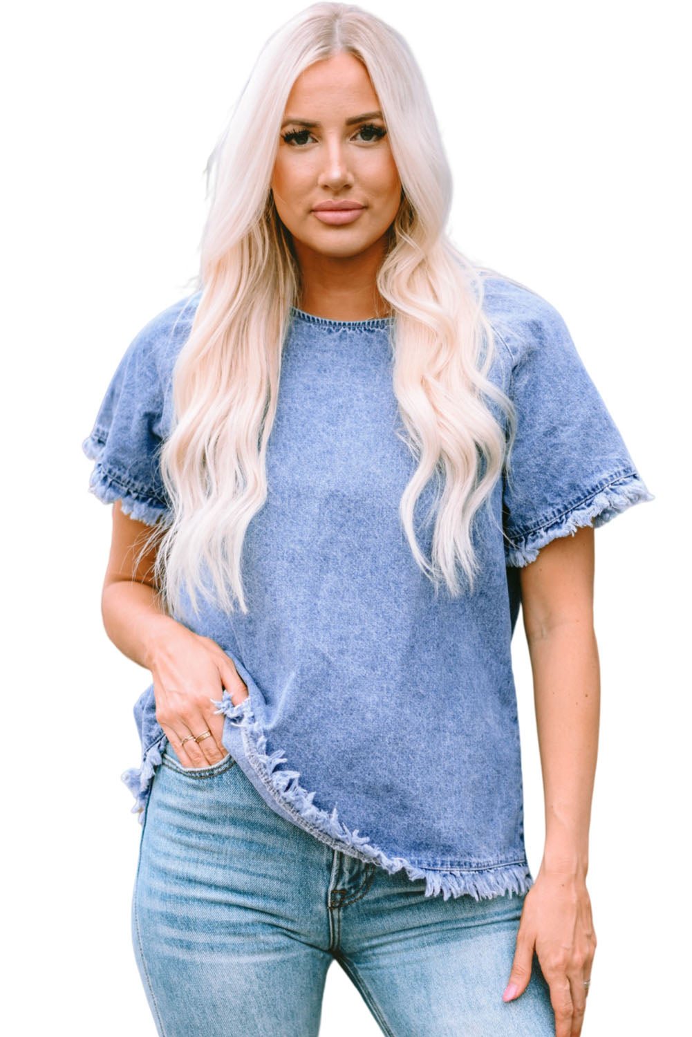 Sky Blue Raw Edge Denim Top