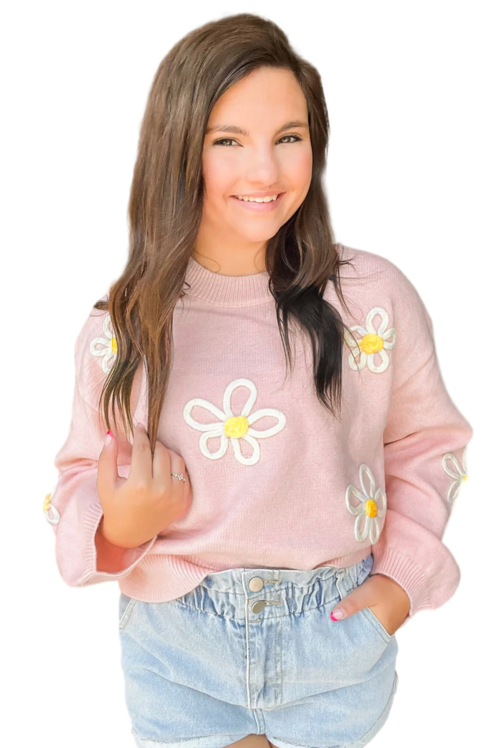 Pink Chenille Daisy Stitching Crew Neckpullover