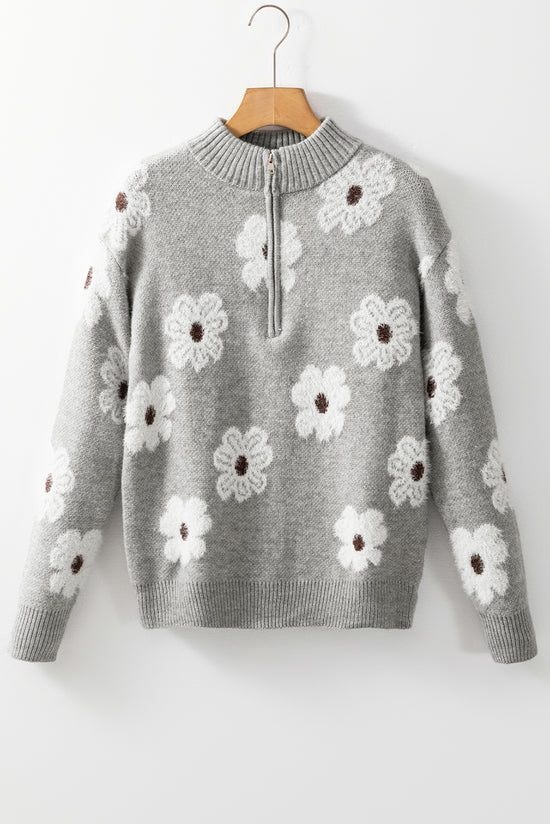 Pull gris à motif floral avec demi-zip *