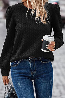 Black Textured Puff Sleeve Twist Sweatshirt