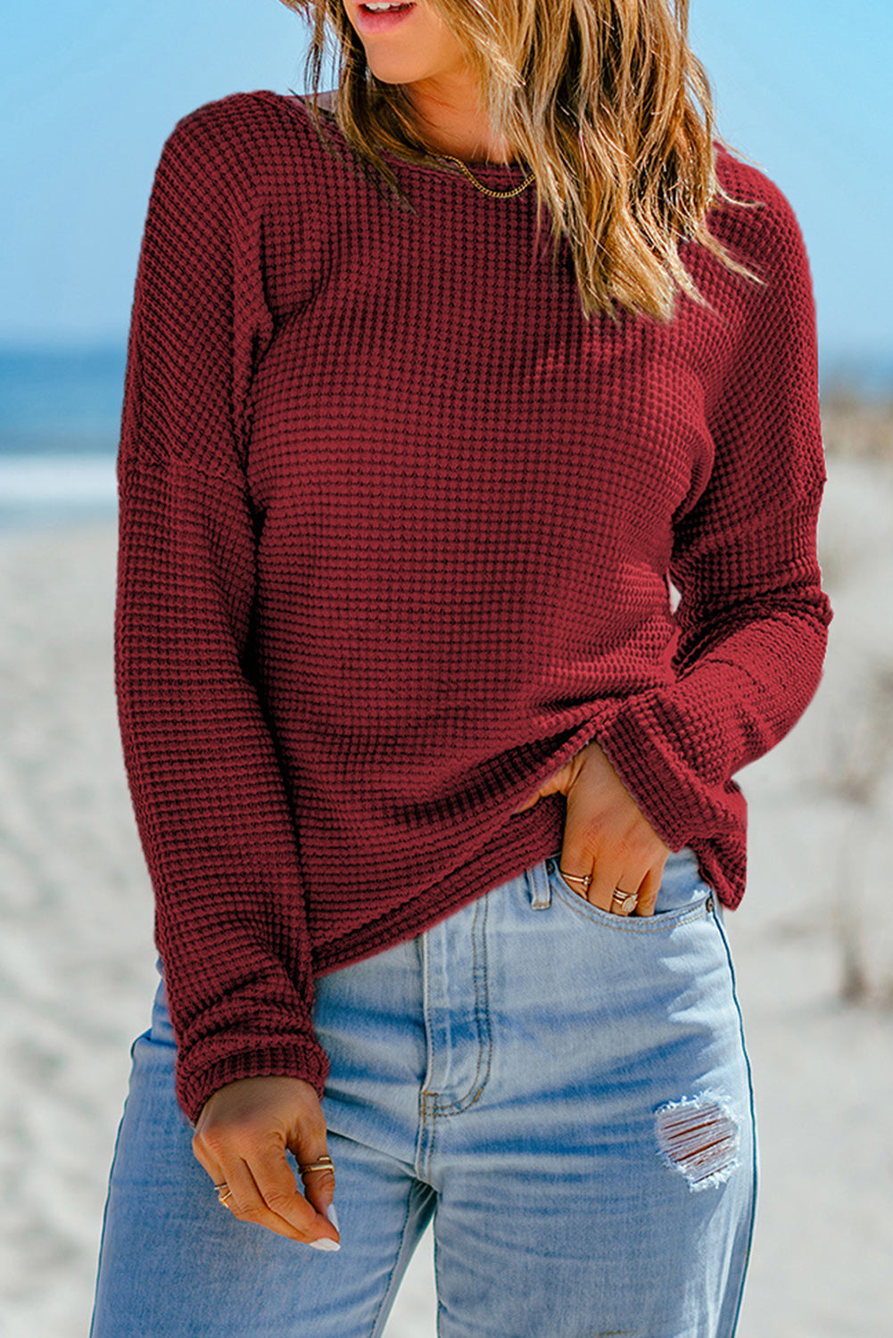 Fiery Red Waffle Knit Drop Show Sleeve Long Top