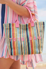 Sac cabas multicolore en paille tressée à rayures verticales