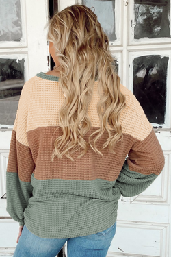 Green Striped Textured Color Block Bubble Sleeve Loose Top