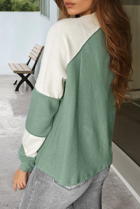 Mint Green Color Block Patchwork Ribbed Raglan Long Sleeve Top