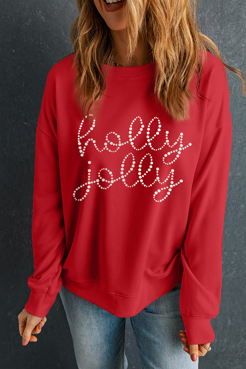 Sweat-shirt Graphique Rouge Noël Holly Jolly Lettre Strass Céramique