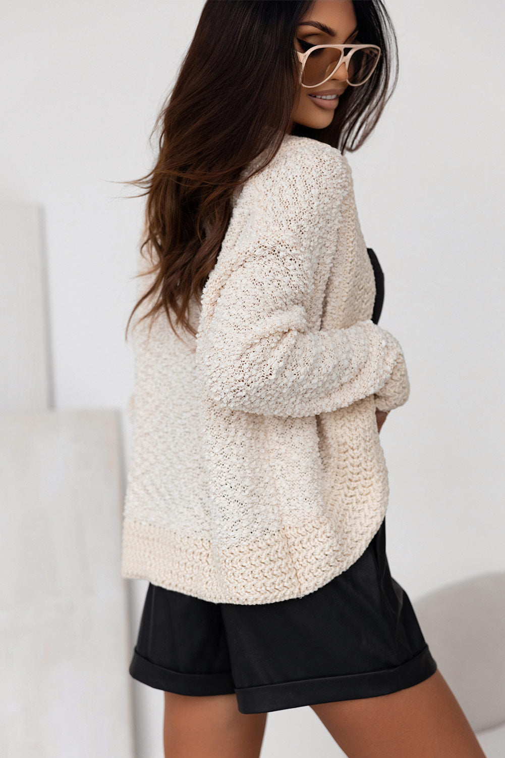 Cardigan ouvert sur le devant en tricot Popcorn abricot