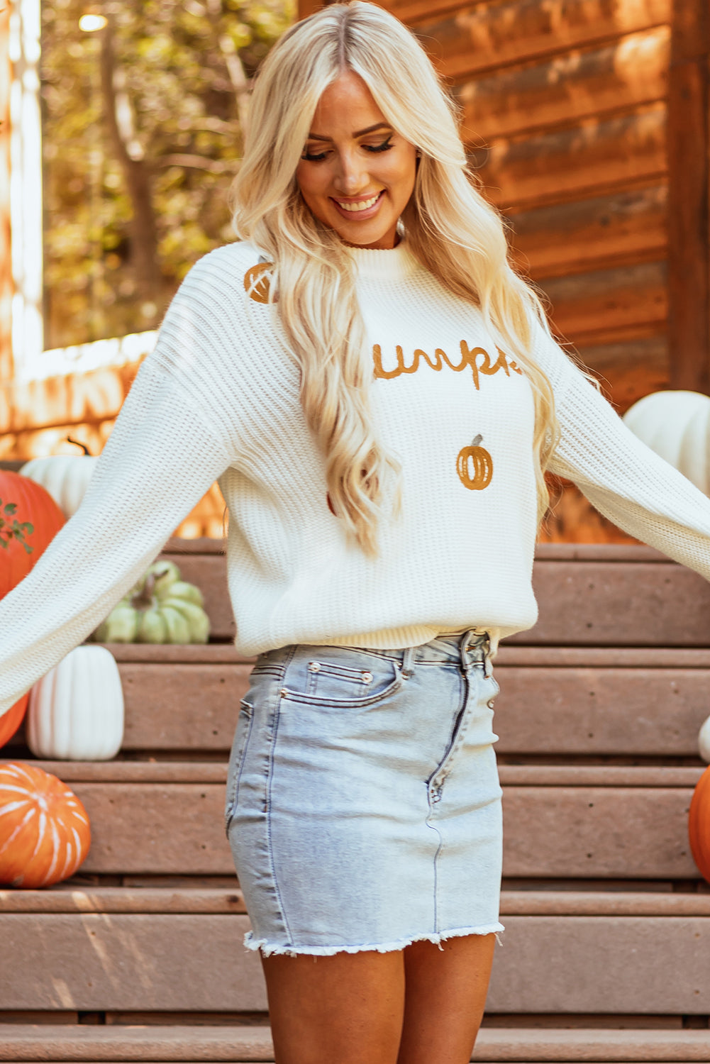 White Pumpkin Yarn Stitch Ribbed Knit Sweater