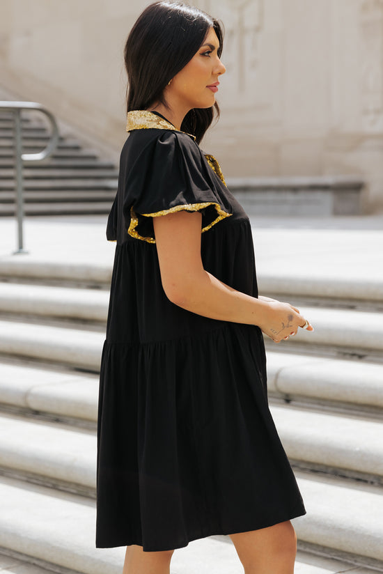 Black Shirt Dress with Bubble Sleeves and Sequin Trim for Game Day