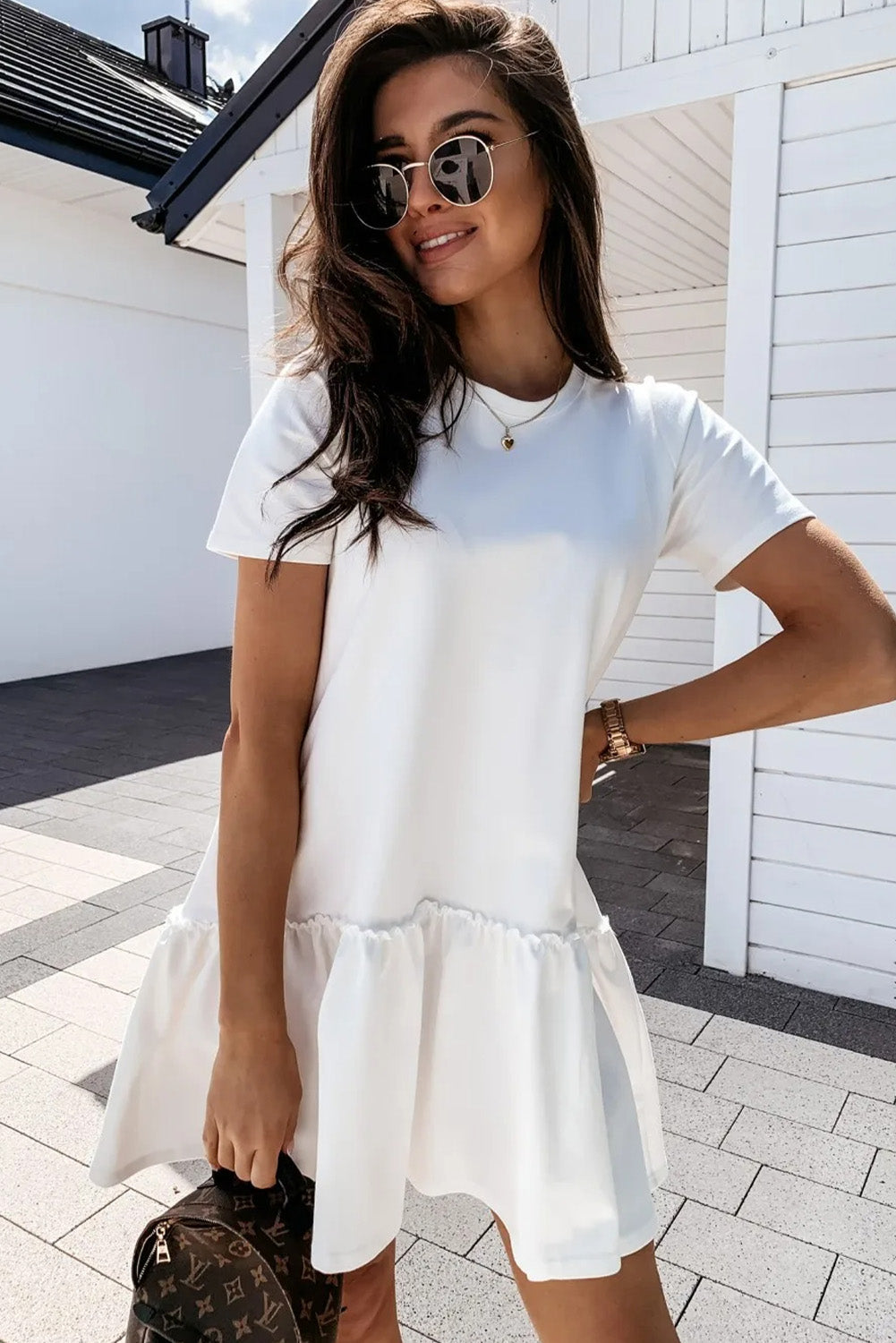 White Frilly Splicing Hem Short Sleeve Casual Dress