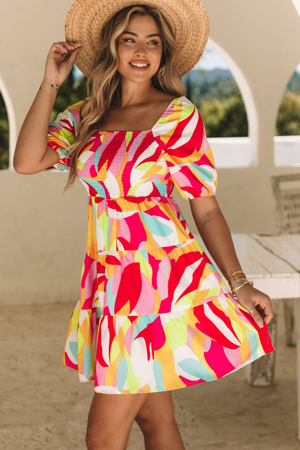 Mini-Babydoll Smocked Babydoll with Multicolored Geometric Print
