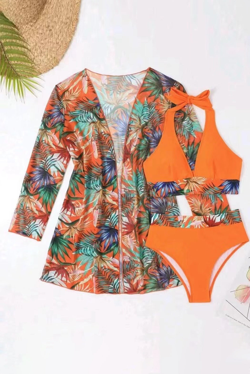 Carrot Ensemble de bikini dos nu à bordure contrastée tropicale 3 pièces avec cache-maillot