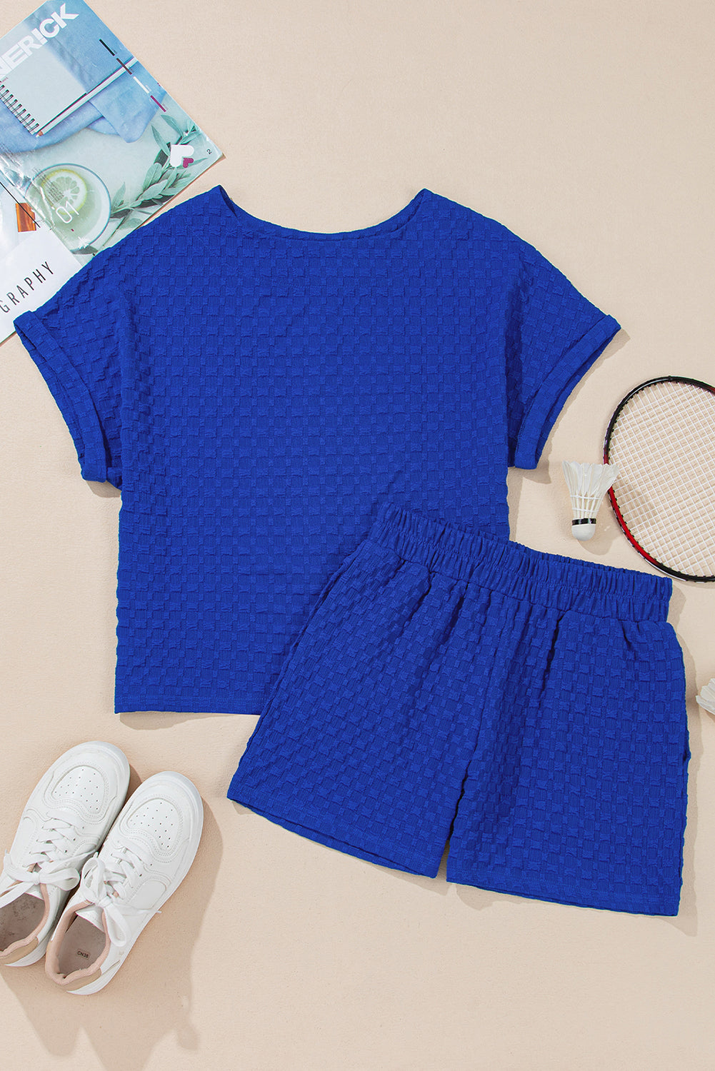 Ensemble t-shirt et short boutonné texturé en jacquard bleu ciel-A WOMAN WE LOVE