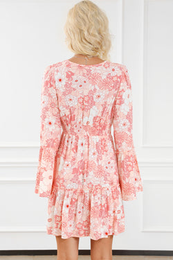 High Waist Smocked Floral Bell Sleeve Mini Dress