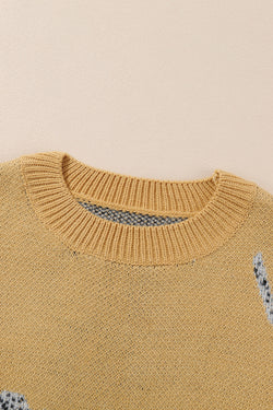 Fuzzy camel crew neck sweater with cheetah accent