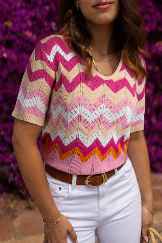 Stripe rosa Chevron Pointelle in maglia a V collo a manica corta