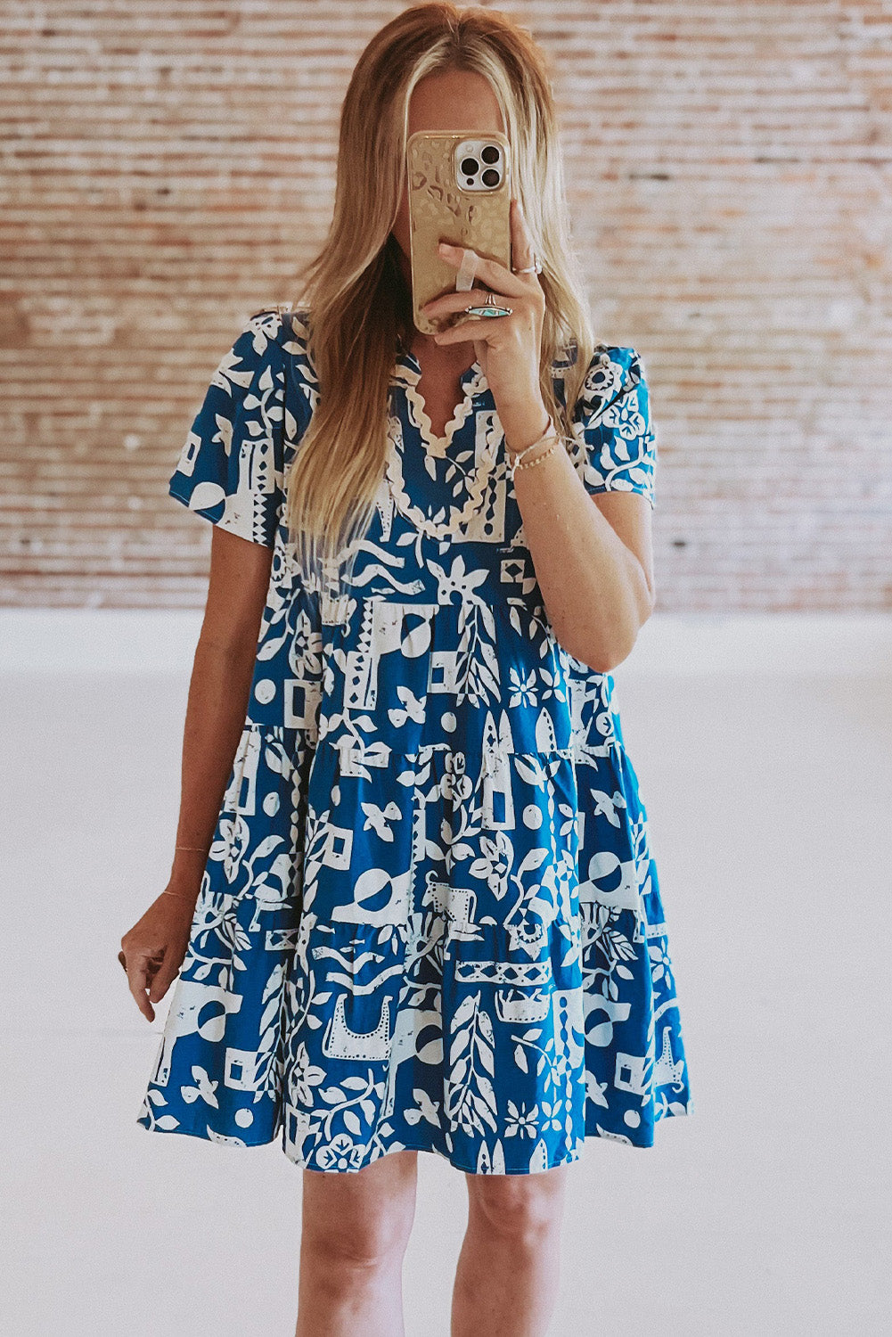 Blue floral loose dress with split collar and Ricrac border