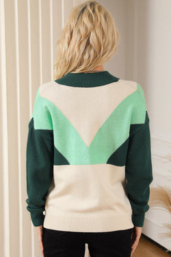 Green Geometric Color Block Knit V-Neck Button Up Sweater