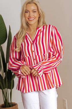 Orange striped blouse, balloon sleeves, notched v collar, buttoned on the front