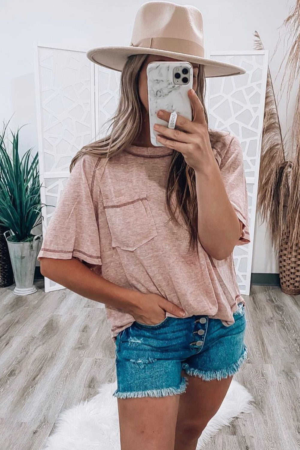 Dusty Pink Exposed Naht Detail Lose T-Shirt