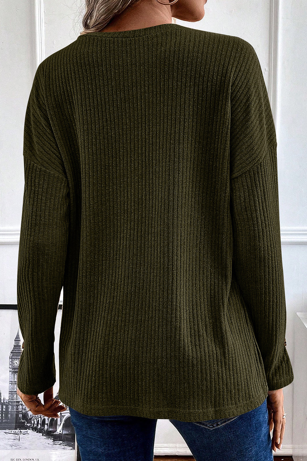 Haut en tricot Henley texturé côtelé vert jungle