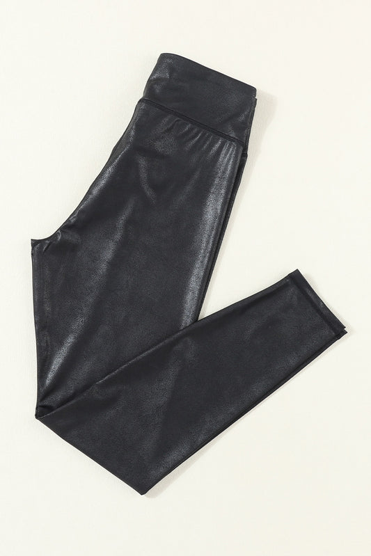 Black Elegant Leather Leggings with Cross Waist