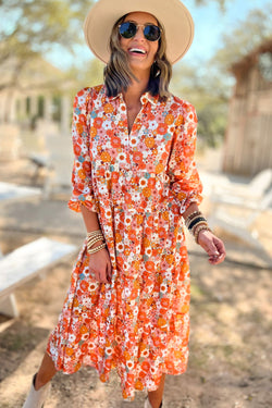 Multicolored bohemian dress with floral collar and long ruffled sleeves