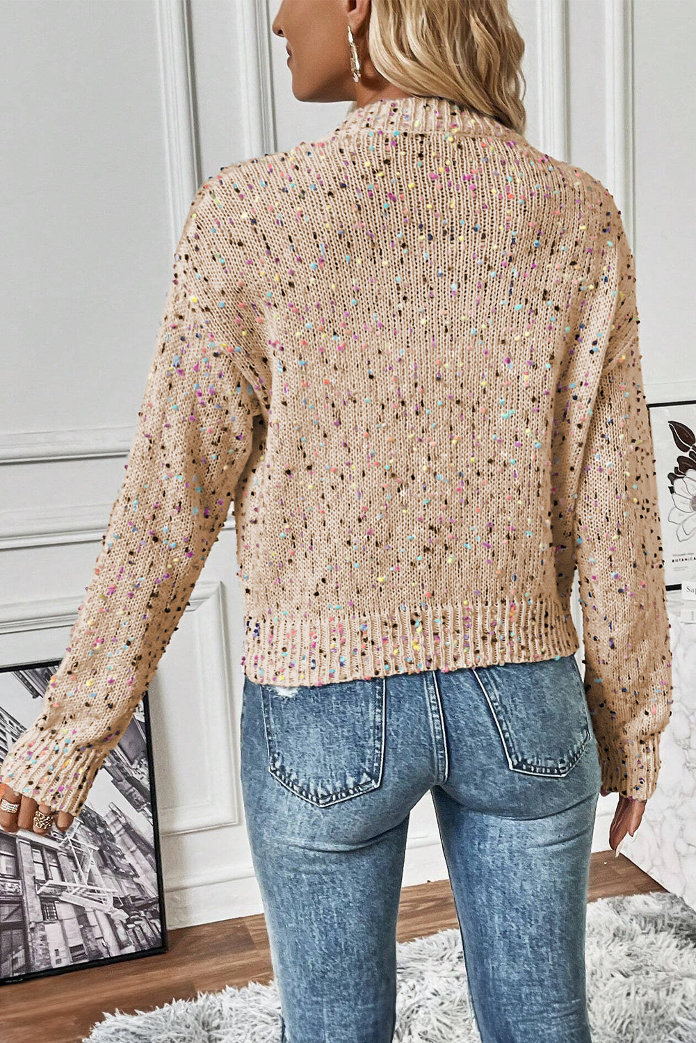 Cardigan pull à confettis multicolores décor strass abricot