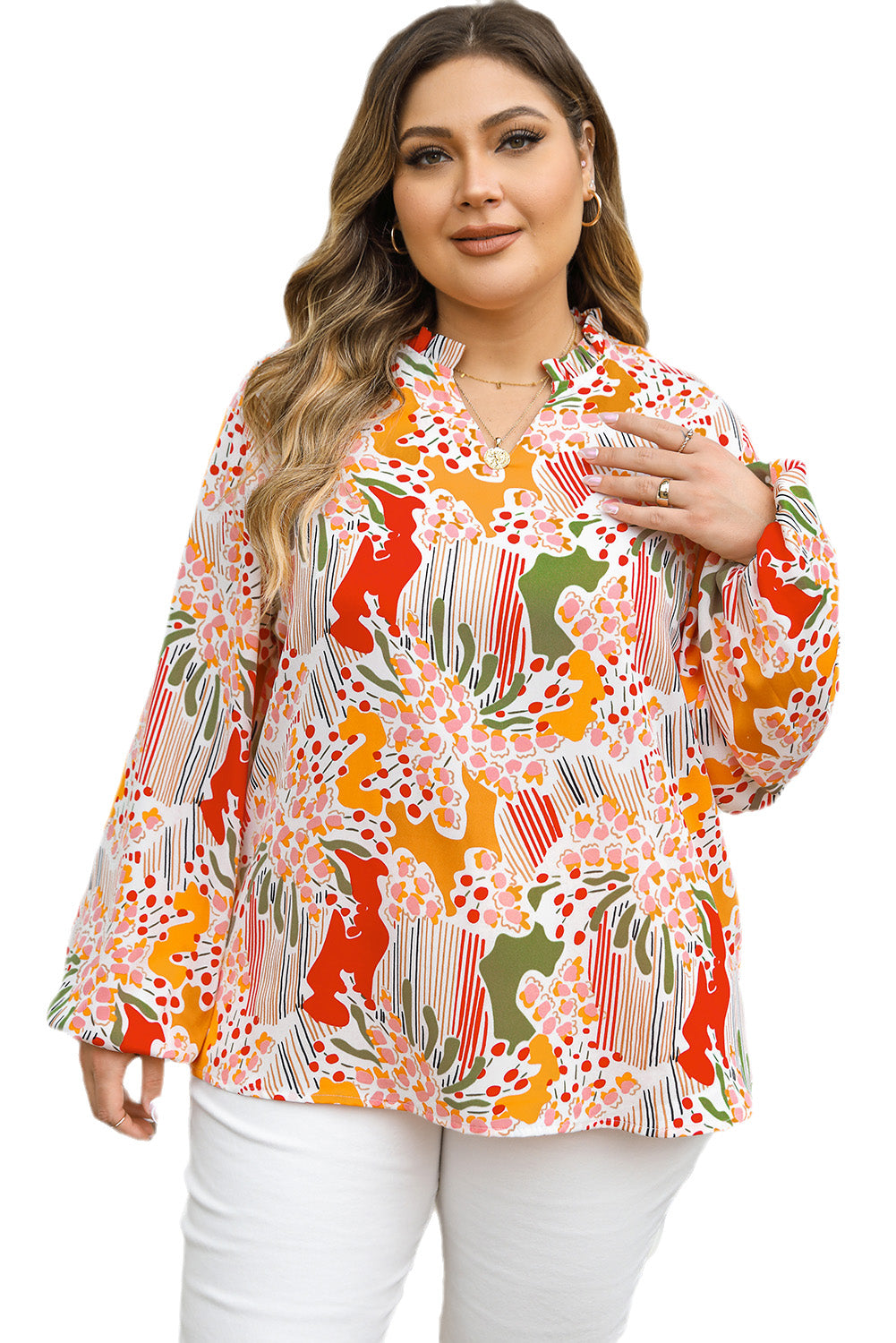 Stampato floreale arancione stampato a V Neck frilling a V Plus size camicetta