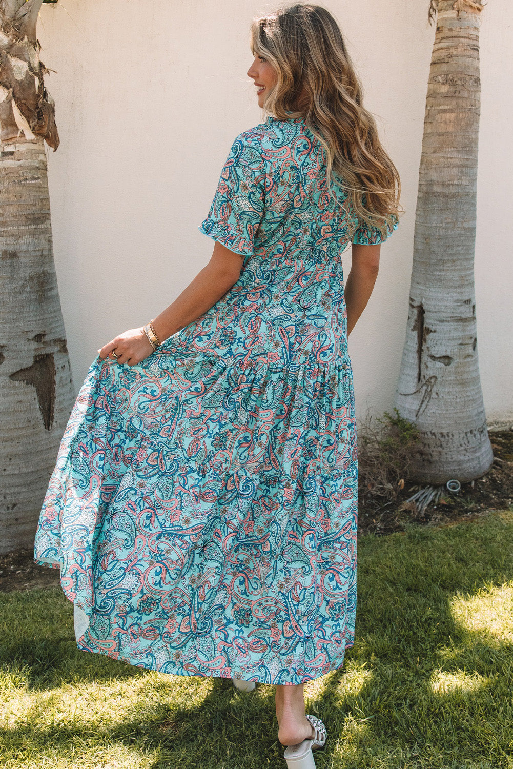 Sky Blue Paisley Print Boho Holiday Ruffle MAXI Robe