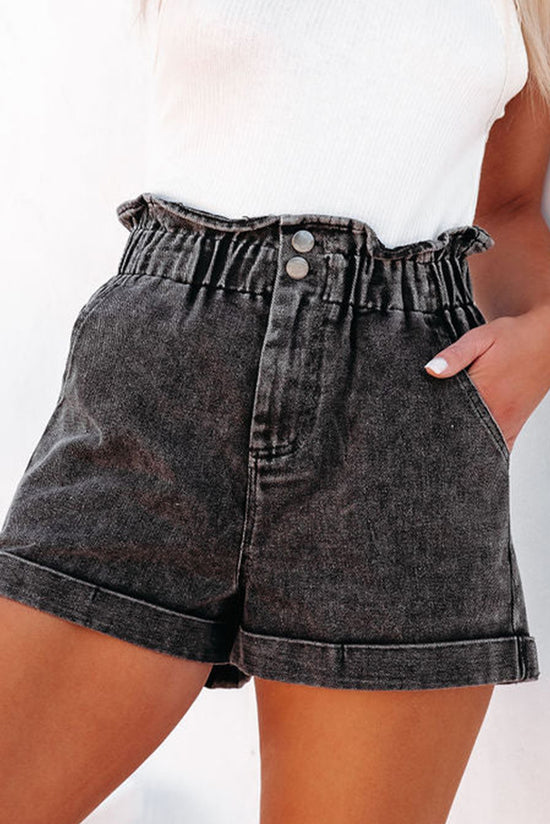 Vintage Washed Black High Waisted Ruffle Denim Shorts