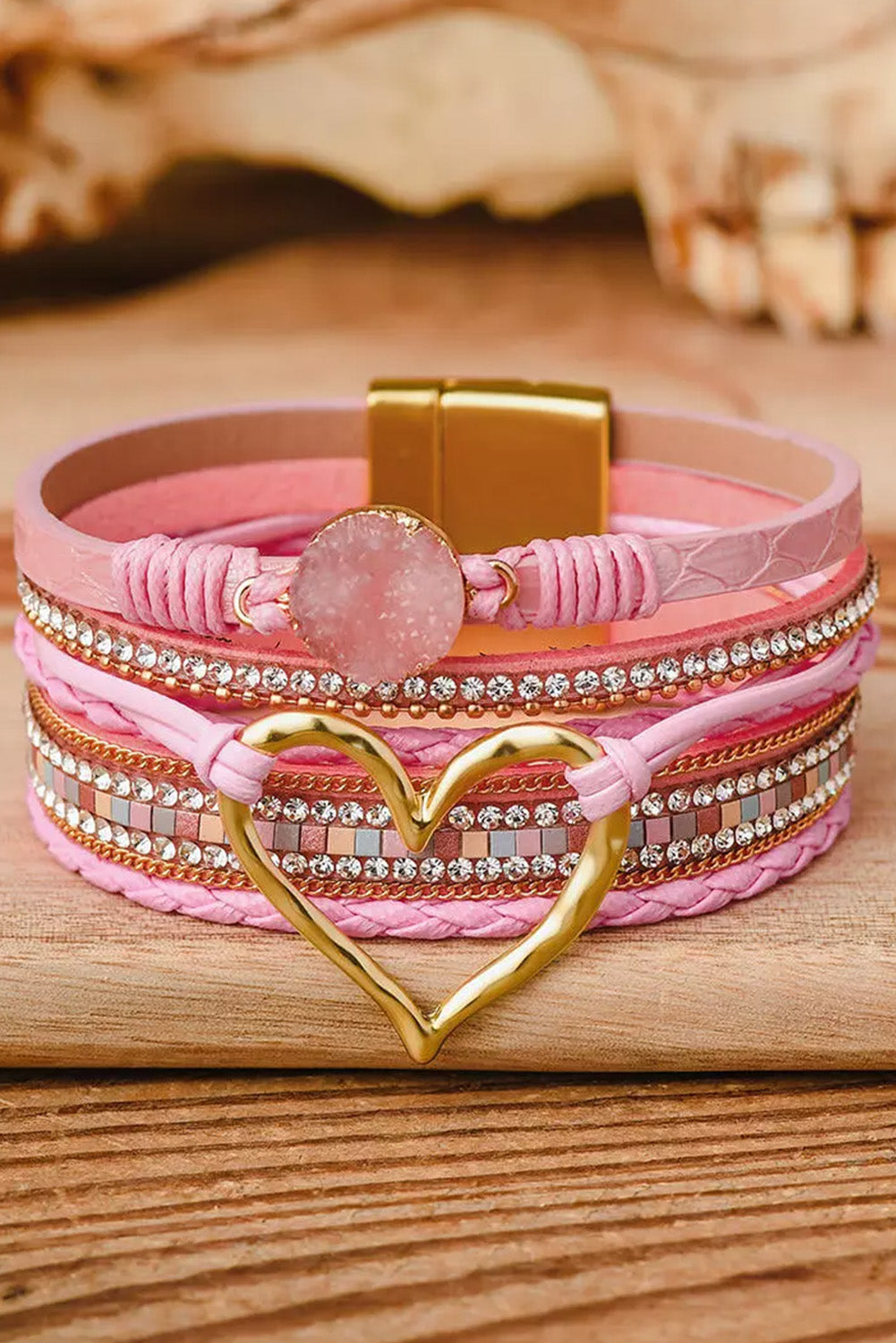 Bracelet à boucle magnétique en strass cœur bohème rose