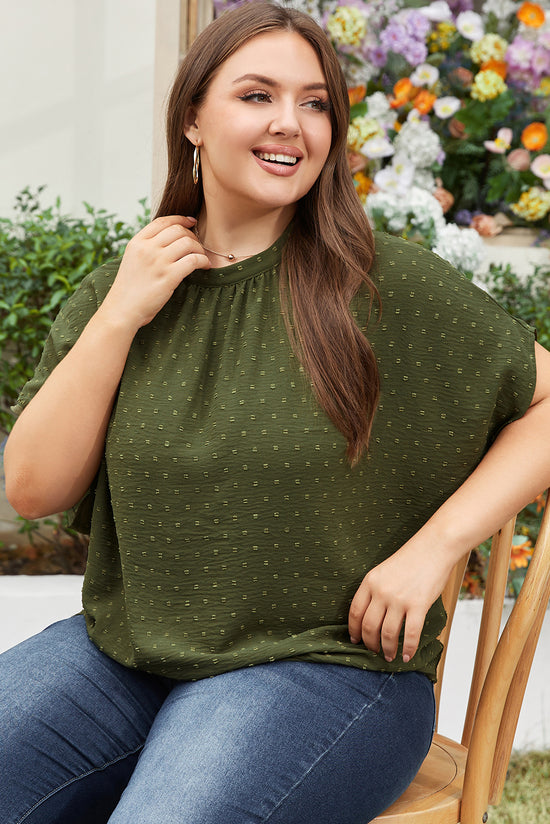 Plus Size Moss Green Swiss Polka Dot Top with High Neck and Tie Neck