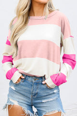 Light Pink Color Block Striped Drop Shoulder Long Sleeve Top