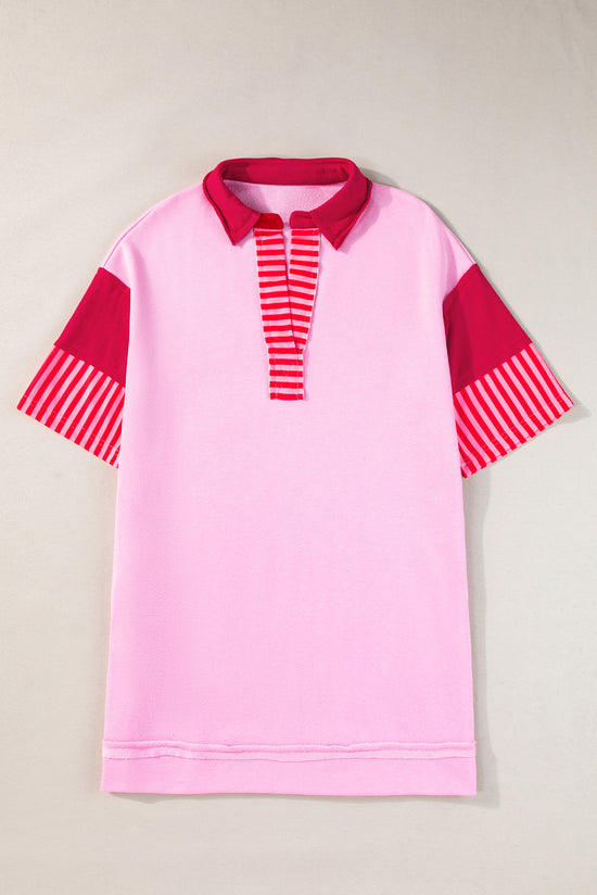 Pink striped patchwork short sleeve t-shirt dress