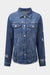 Blue distressed denim jacket with lapels and raw hem buttons