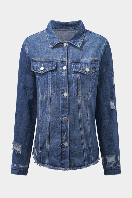 Blue distressed denim jacket with lapels and raw hem buttons