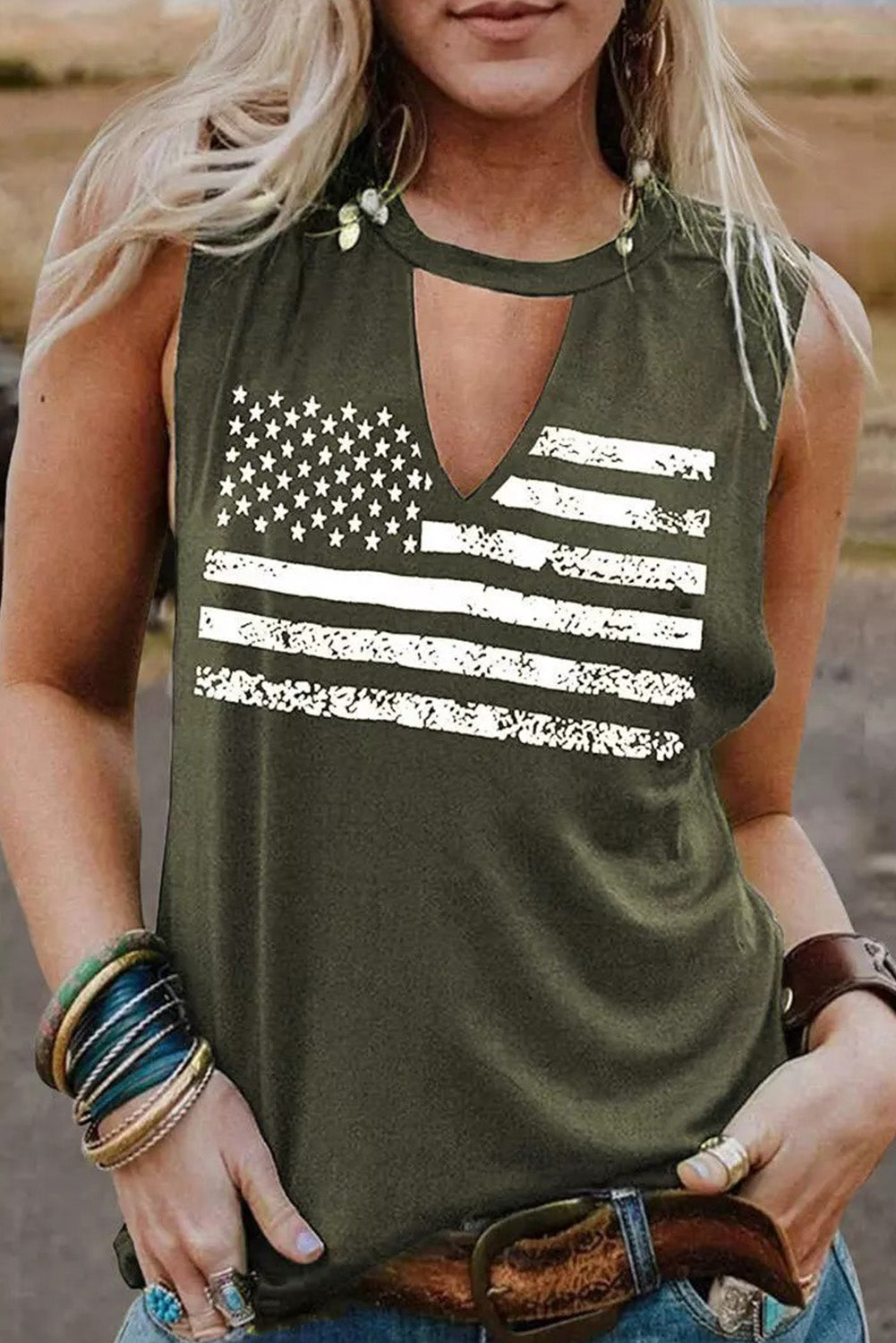 Haute à découper vert American Flag Print Top Top