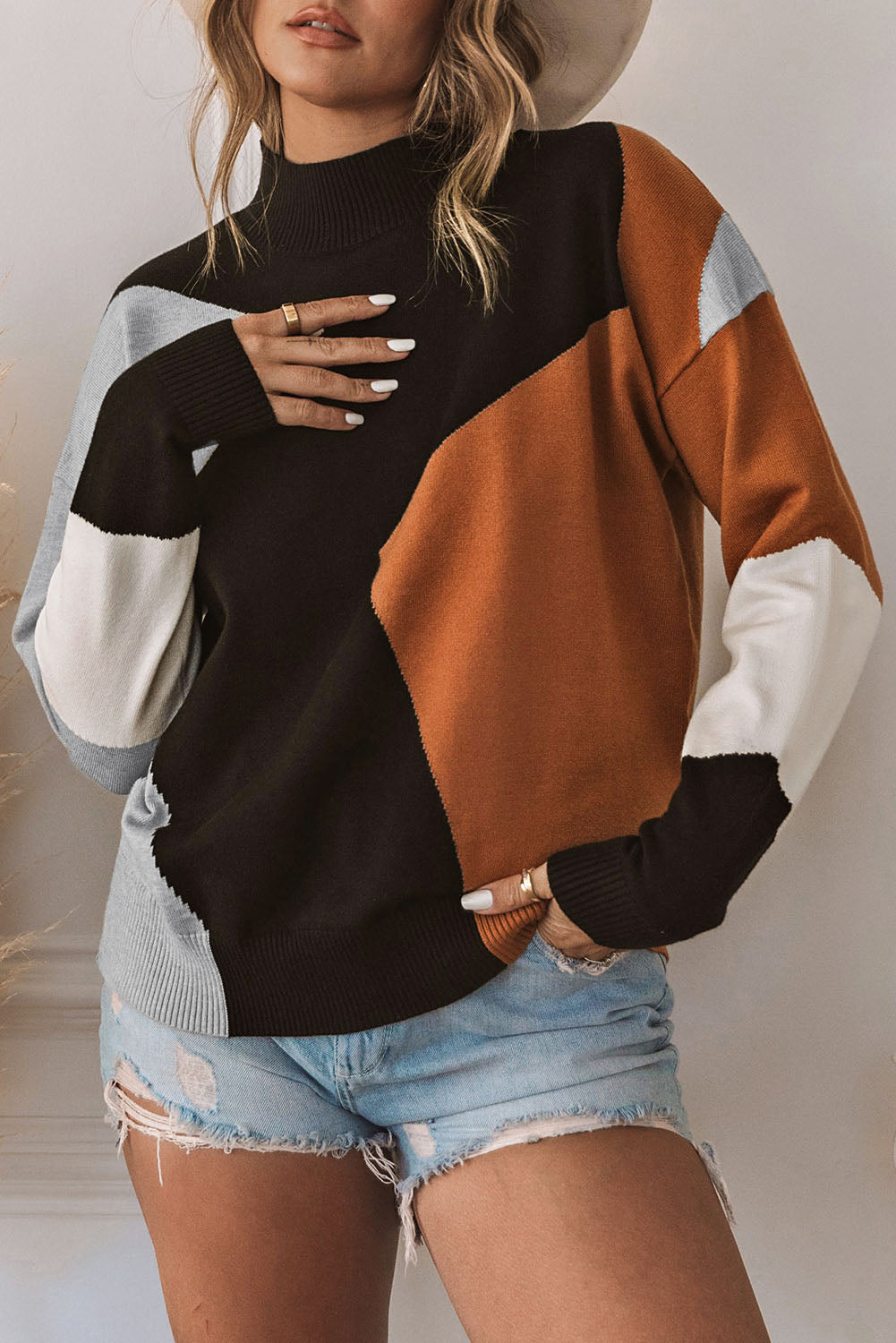 Orange Color Block Knit Sweater with Mock Neck and Dropped Shoulders