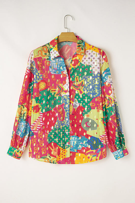 Ample shirt with abstract print button color block red pink