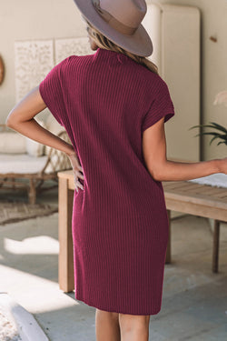 Red sweater dress with short sleeve in ribbed knitted with patch pocket Dahlia