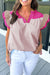 V -neck pink blouse and fluffed sleeves *