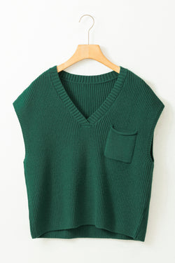 Blackish green ribbed with chest pocket and V -neck