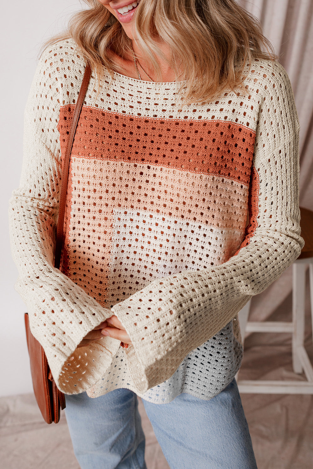 Apricot Pointelle Knit Colorblock Sweater Haggy