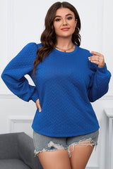 Dark blue twisted pattern puff sleeve top, plus size