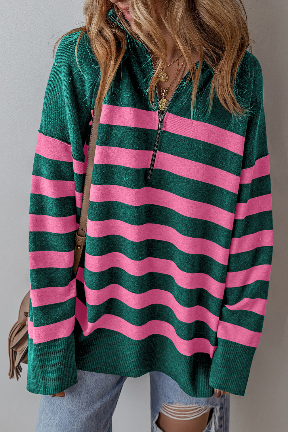 Green Oversized Sweater with Collar and Quarter Zip