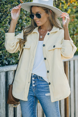 Beige button-down shirt jacket with turn-down collar