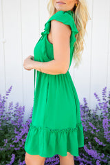 Bright green v-neck slit dress with elastic ruffle waist