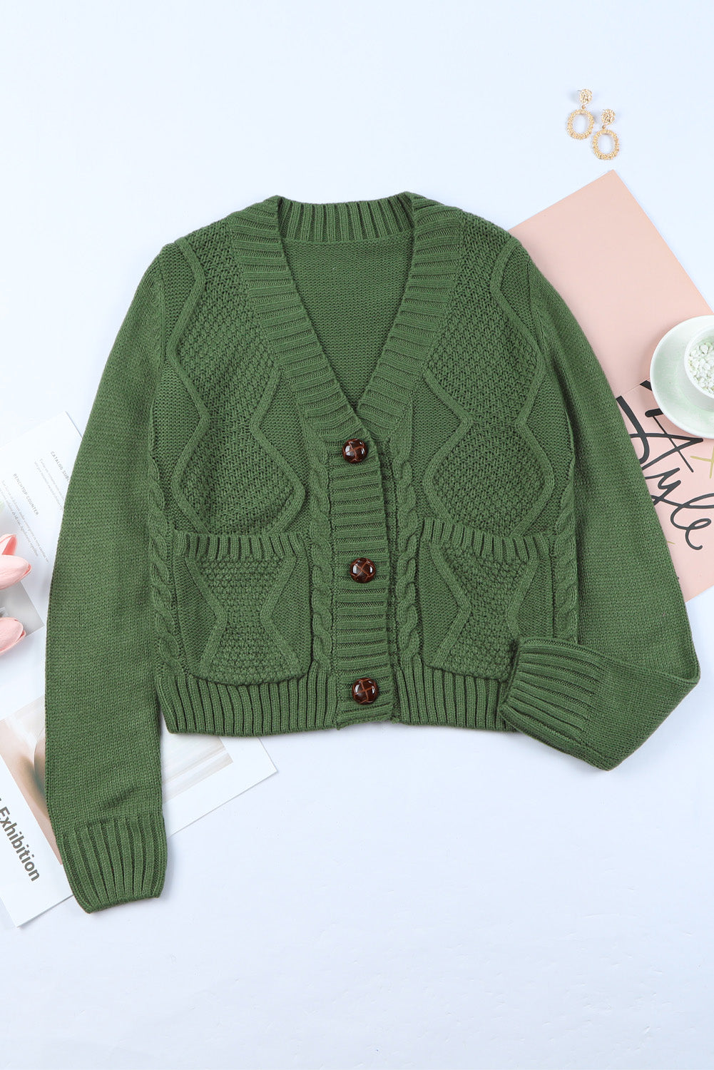 Green Front Pockets Buttons Textured Cardigan