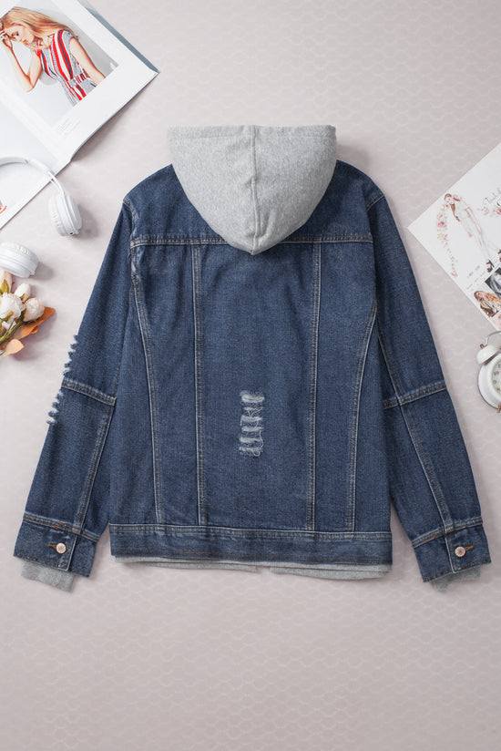 Dark Blue Two Piece Hooded Zip Up Denim Jacket