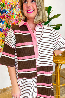 T-shirt buttoned patchwork dress with brown stripes